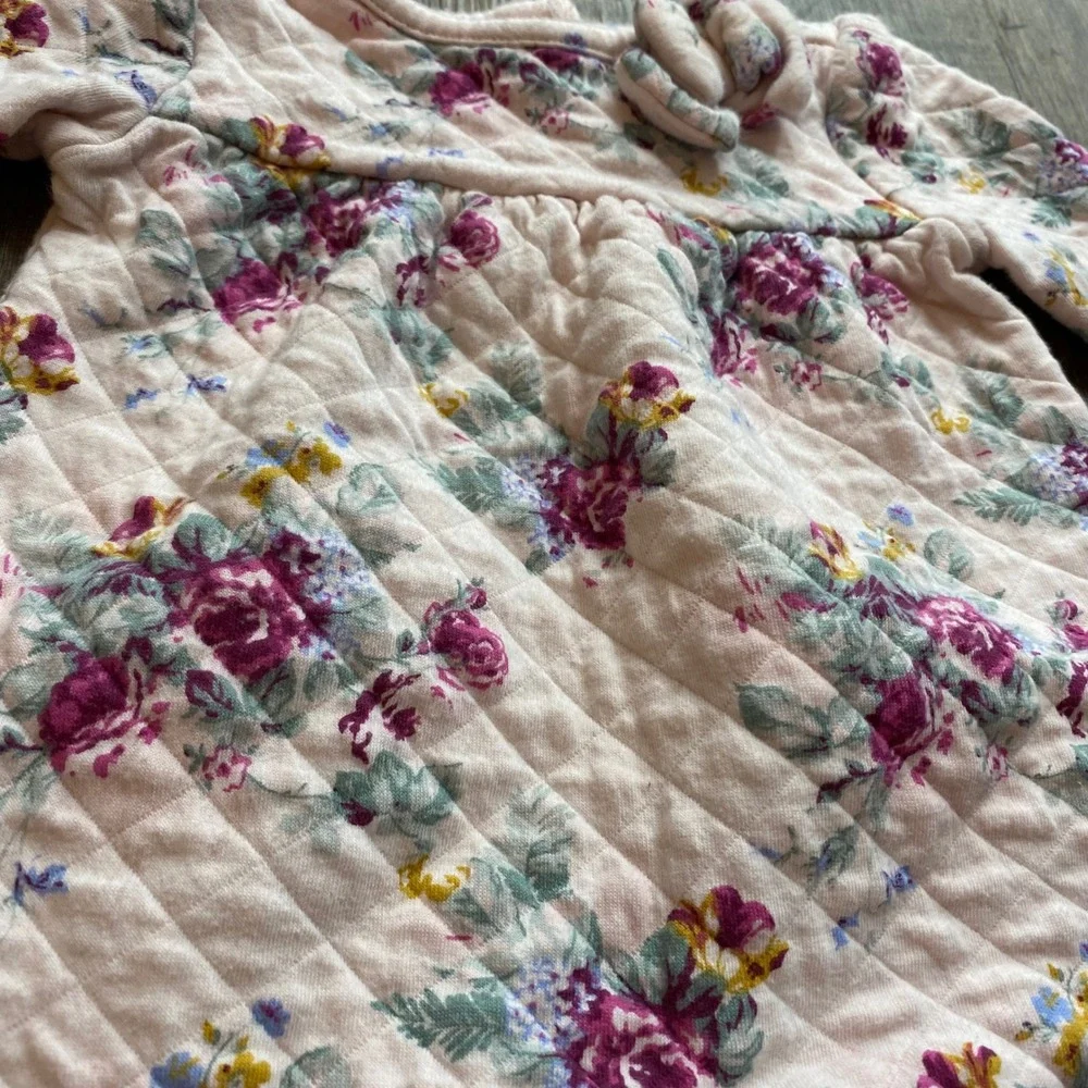 Janie and Jack Pink‎ Floral Quilted Romper One-Piece 3-6 Months Long Sleeve Bow